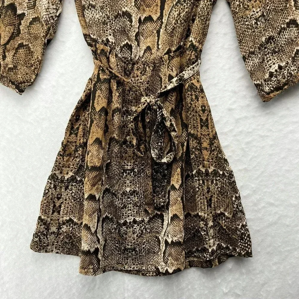 H&M Mini Dress Women's Sz 4 Brown Snake Print 3/4 Sleeve Scoop Neck Tie Waist - Picture 7 of 11